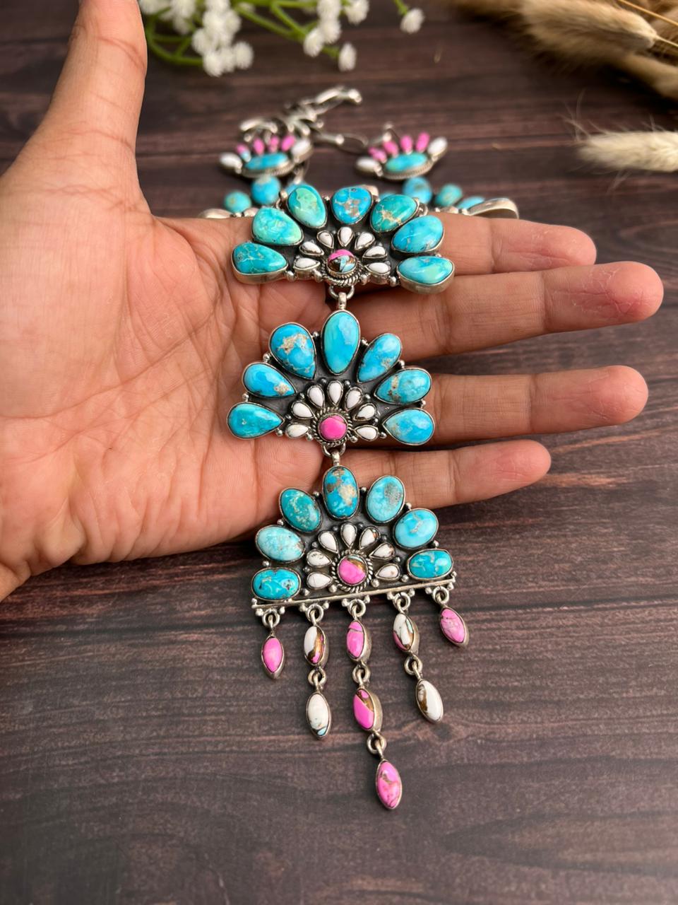 Handmade Sterling Silver Sierra Bella Turquoise with Cotton Candy Collection: Necklace "Signed Nizhoni"