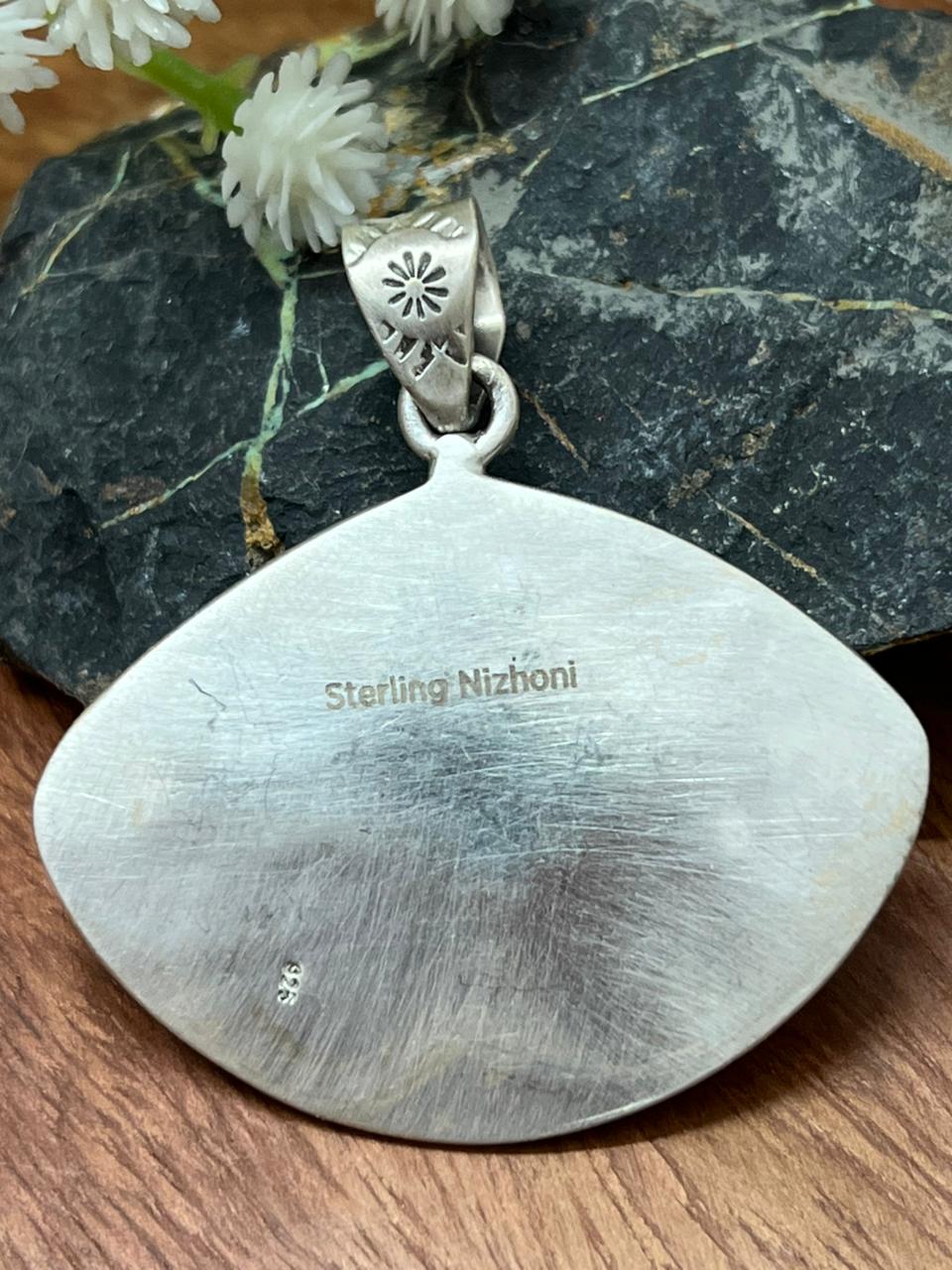 Handmade Sterling Silver Kingman with Sonoran Mountain Turquoise and Rosarita Cherry Pendant "Signed Nizhoni"