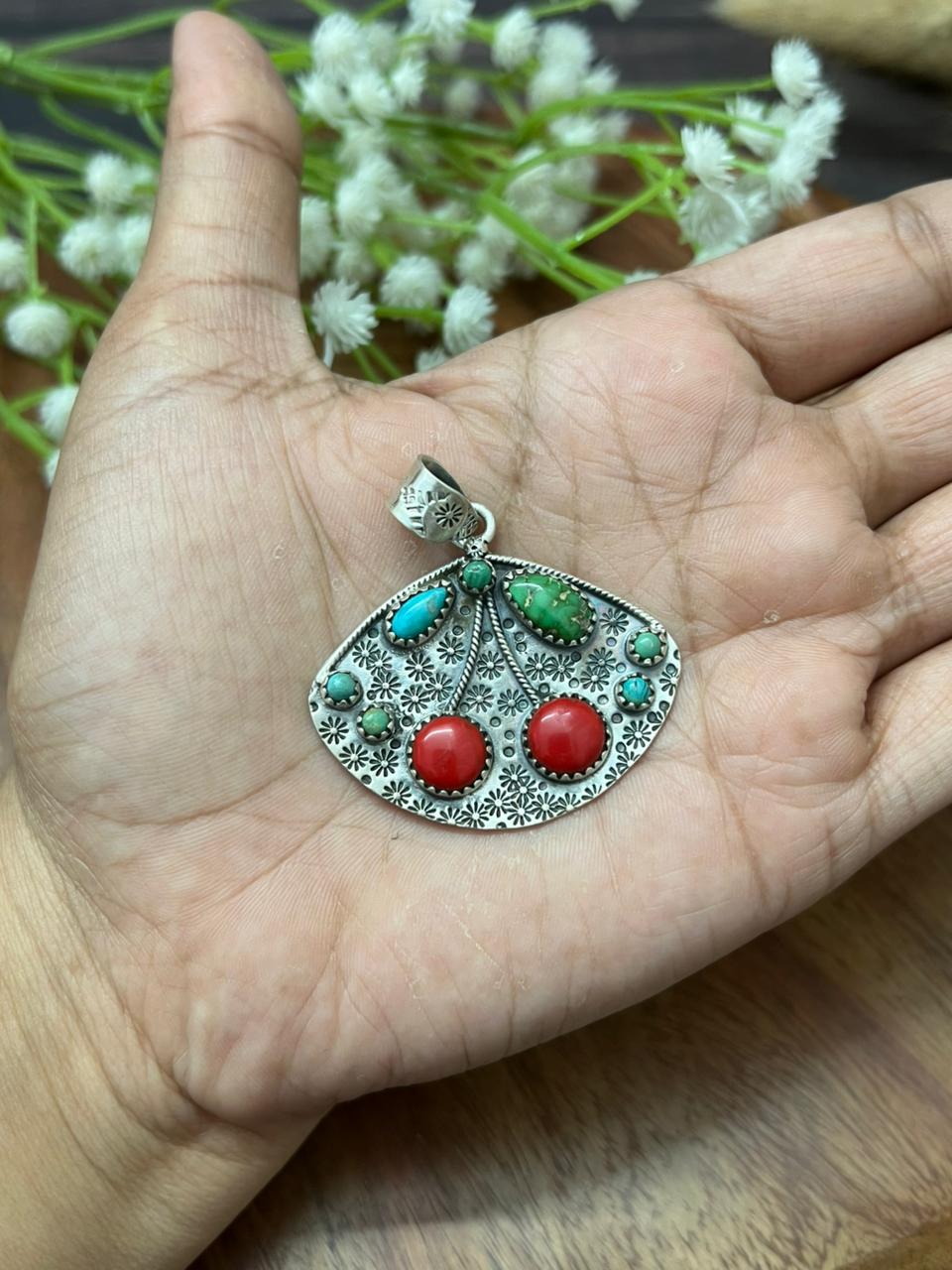 Handmade Sterling Silver Kingman with Sonoran Mountain Turquoise and Rosarita Cherry Pendant "Signed Nizhoni"