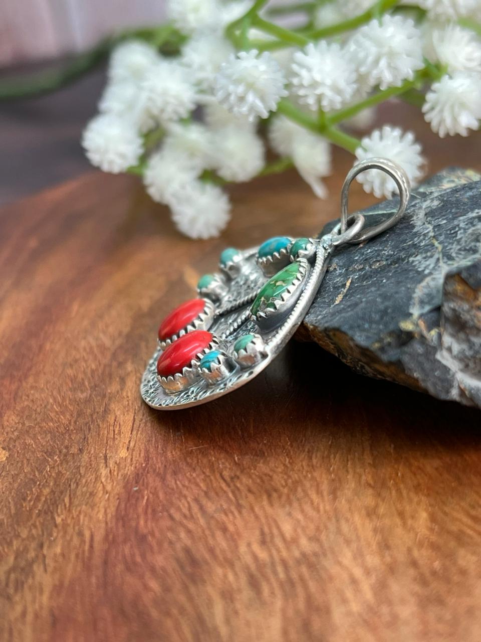 Handmade Sterling Silver Kingman with Sonoran Mountain Turquoise and Rosarita Cherry Pendant "Signed Nizhoni"