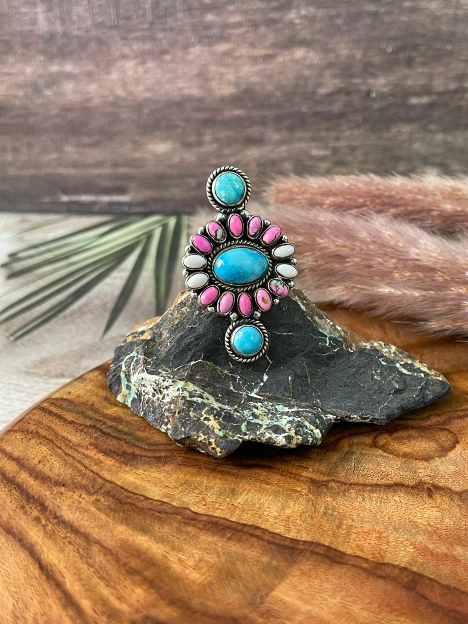 Handmade Sterling Silver Sierra Bella Turquoise with Cotton Candy Collection: Adjustable Ring "Signed Nizhoni"