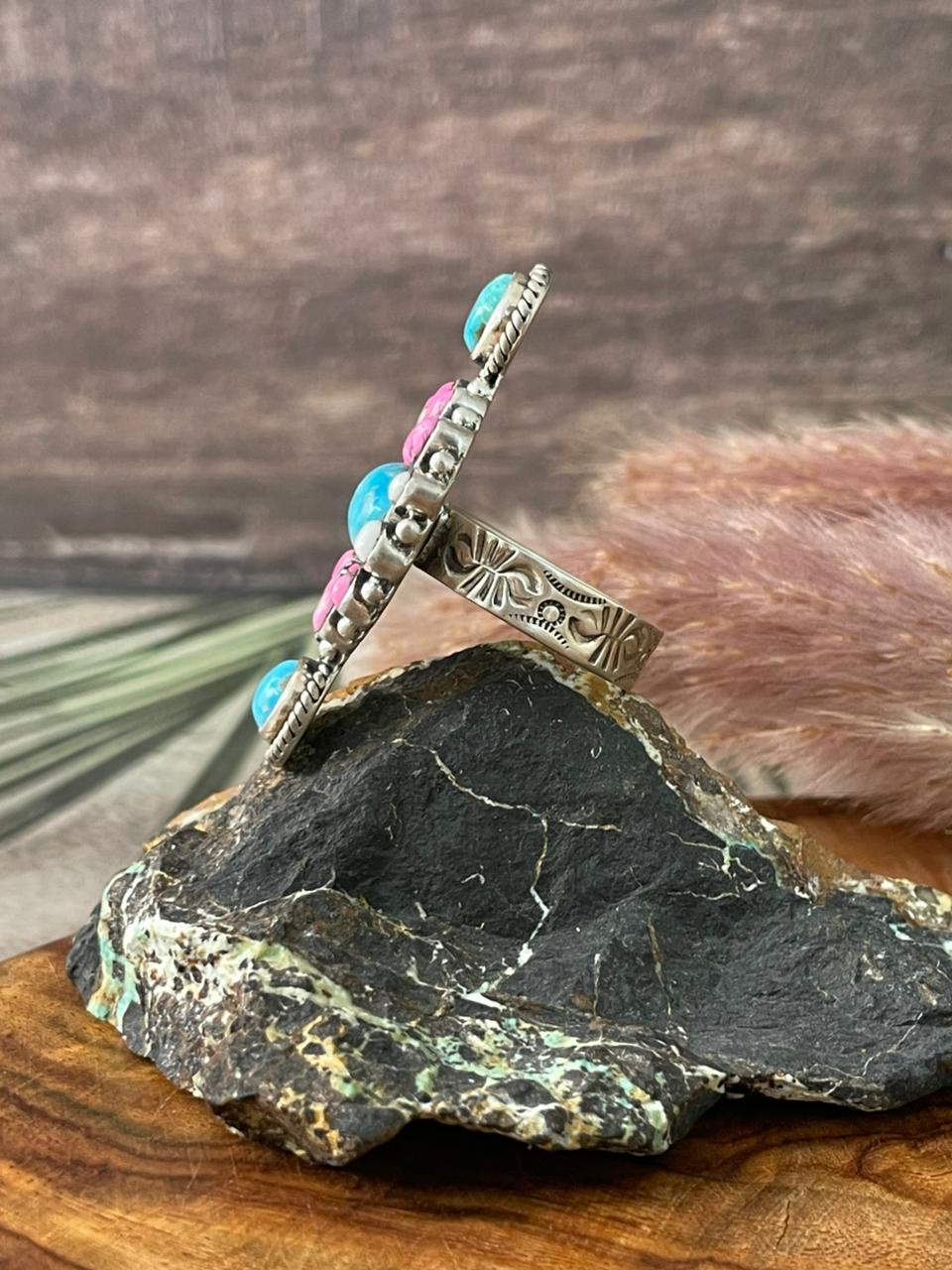 Handmade Sterling Silver Sierra Bella Turquoise with Cotton Candy Collection: Adjustable Ring "Signed Nizhoni"