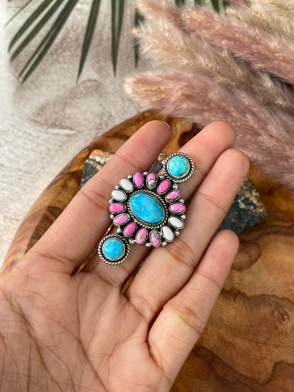 Handmade Sterling Silver Sierra Bella Turquoise with Cotton Candy Collection: Adjustable Ring "Signed Nizhoni"