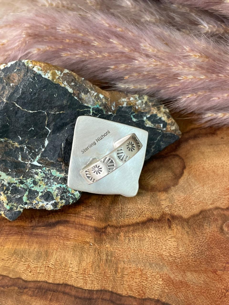 Handmade Sterling Silver Kingman with Sonoran Mountain Turquoise and Rosarita Adjustable Cherry Ring "Signed Nizhoni"