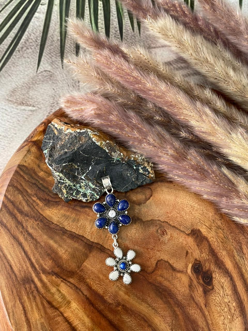 Handmade Sterling Silver Lapis with White Buffalo Pendant "Signed Nizhoni"
