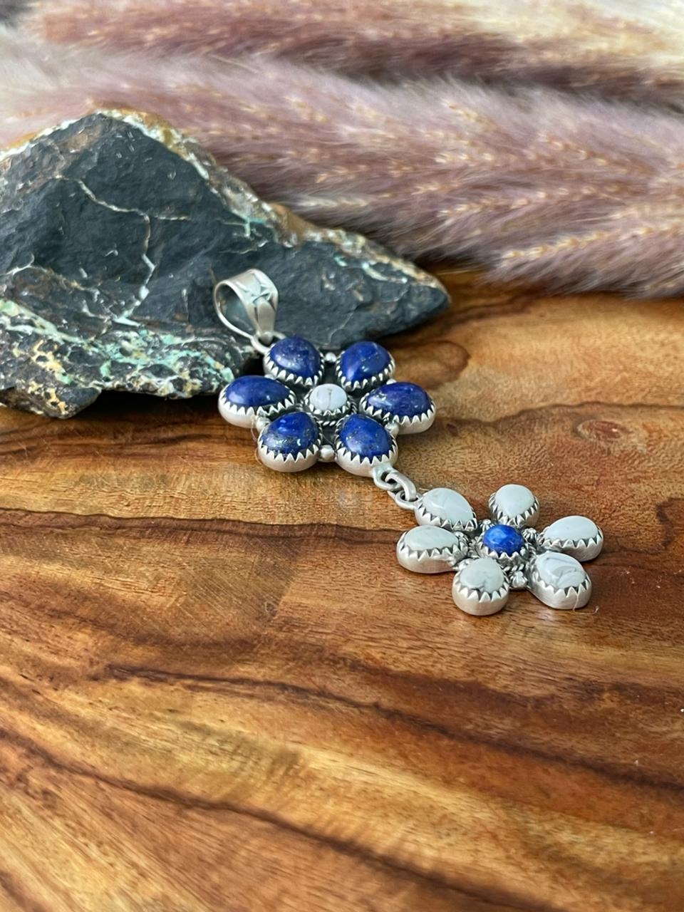Handmade Sterling Silver Lapis with White Buffalo Pendant "Signed Nizhoni"
