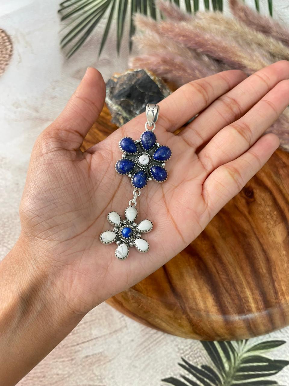 Handmade Sterling Silver Lapis with White Buffalo Pendant "Signed Nizhoni"