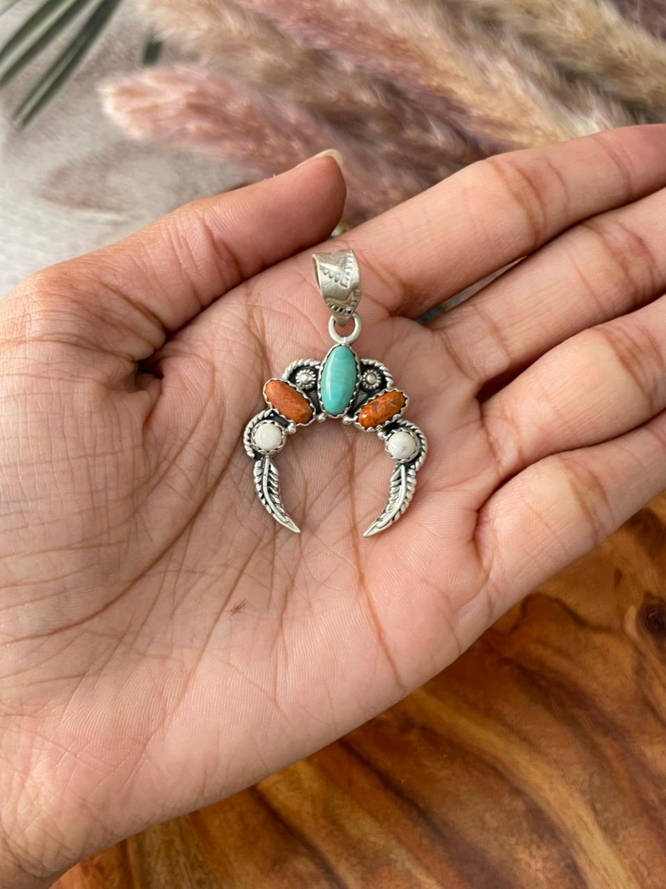 Handmade Sterling Silver Kingman Turquoise with Orange Mojave Pendant "Signed Nizhoni"