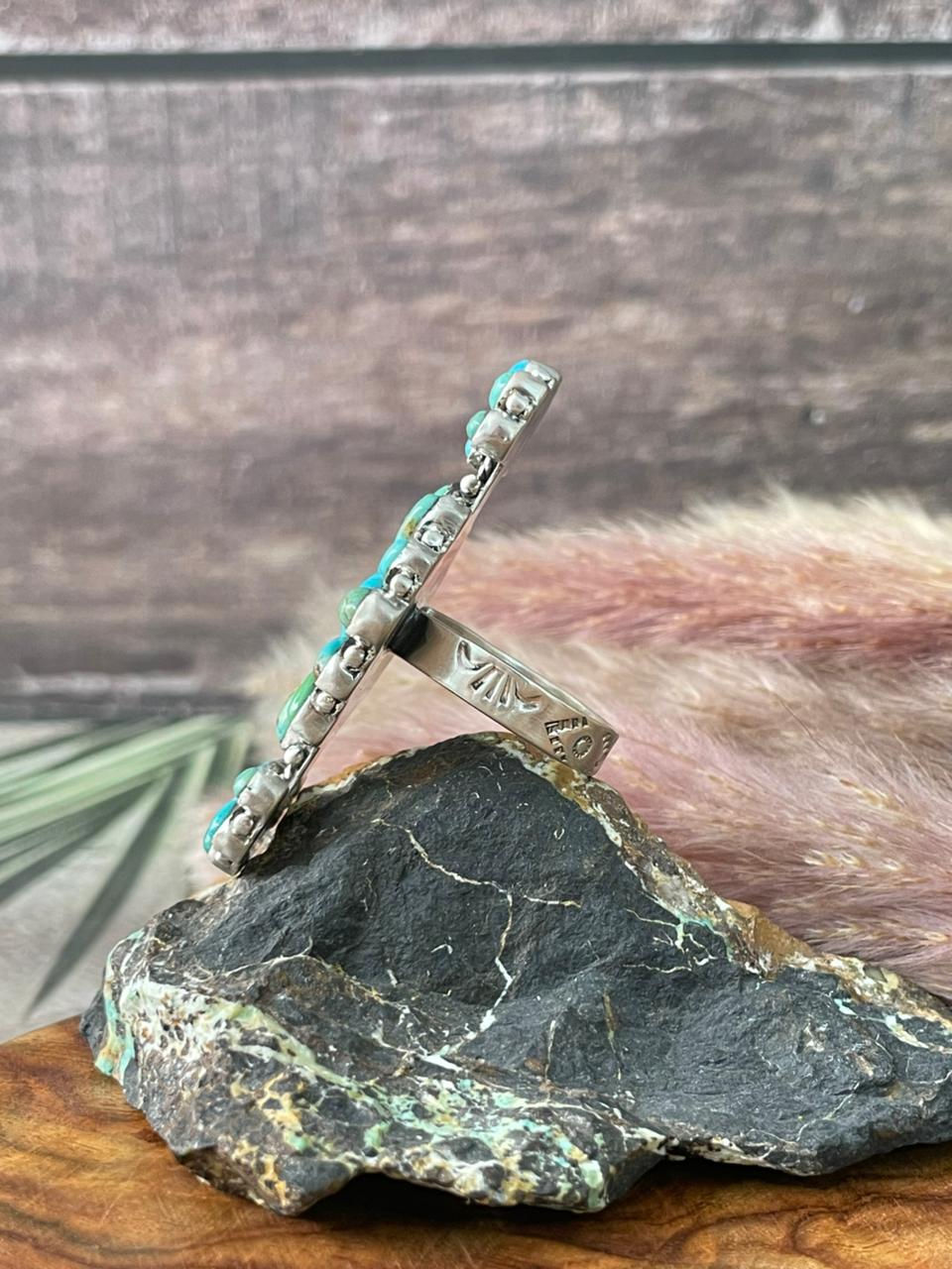 Handmade Sterling Silver Kingman Turquoise Adjustable Ring "Signed Nizhoni"