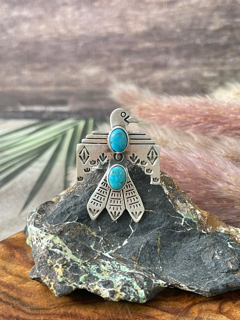 Handmade Sterling Silver Kingman Turquoise Thunderbird Adjustable Ring "Signed Nizhoni"