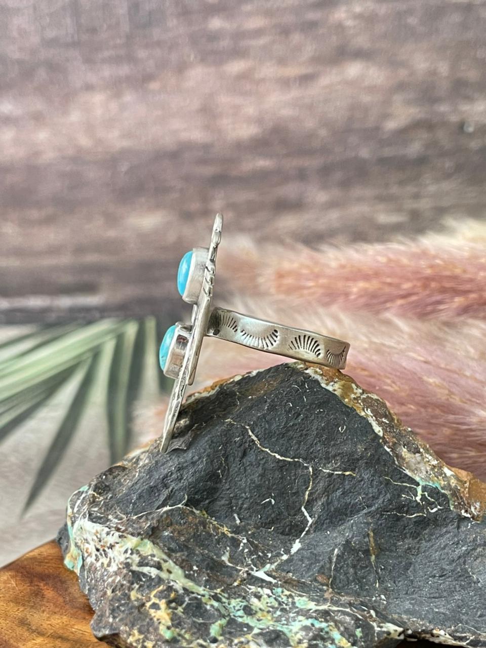 Handmade Sterling Silver Kingman Turquoise Thunderbird Adjustable Ring "Signed Nizhoni"