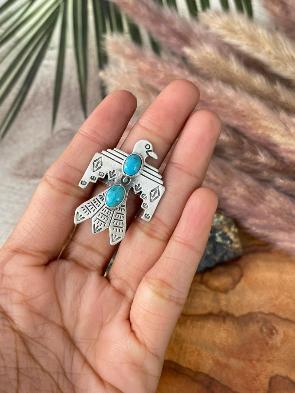 Handmade Sterling Silver Kingman Turquoise Thunderbird Adjustable Ring "Signed Nizhoni"