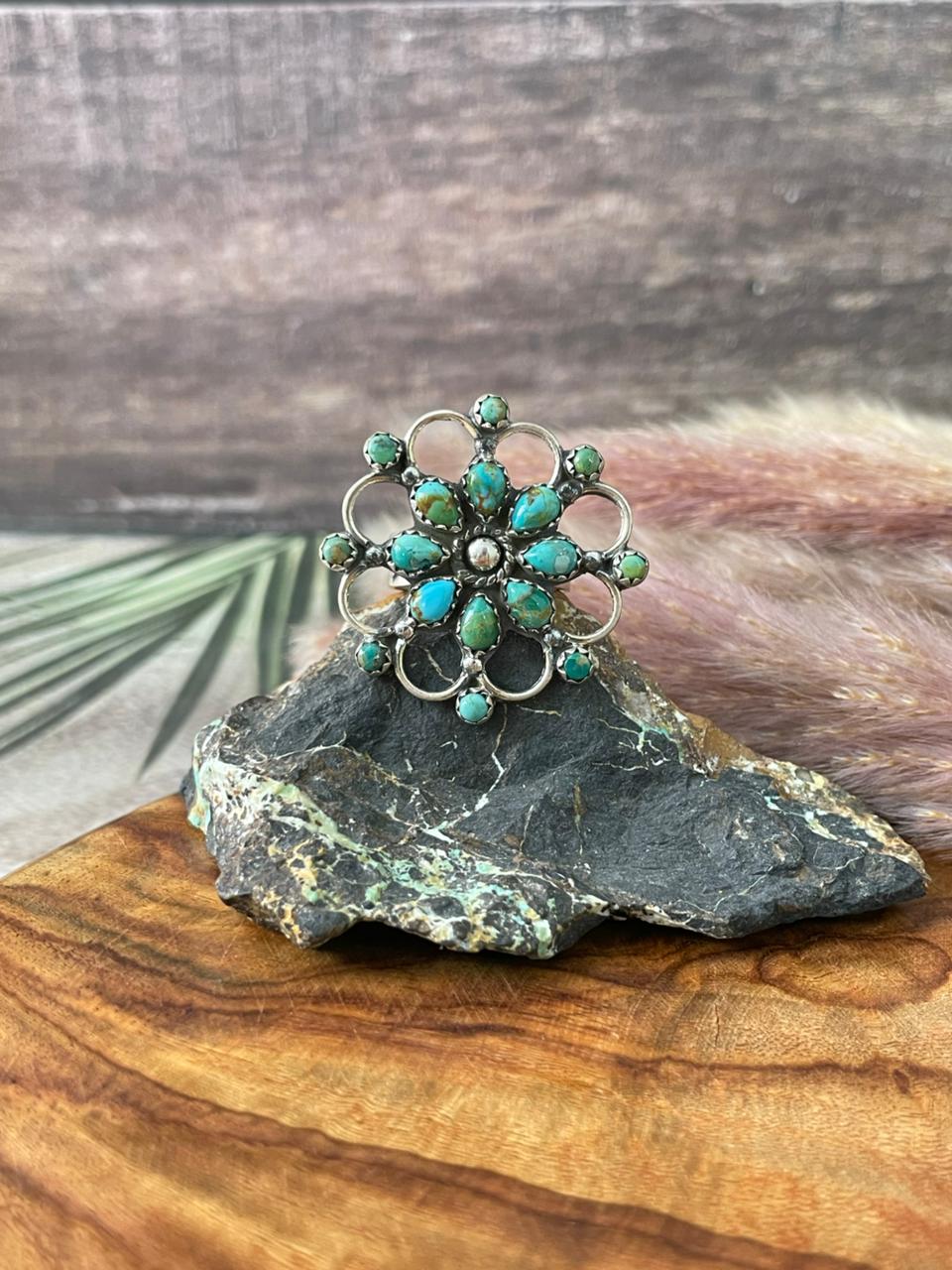 Handmade Sterling Silver Kingman Turquoise Adjustable Ring "Signed Nizhoni"