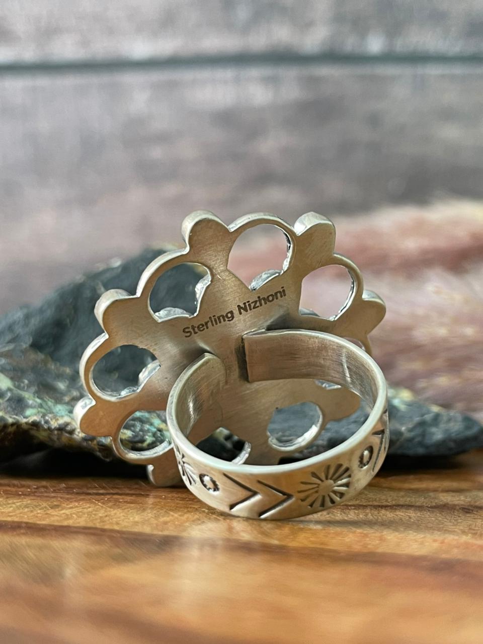 Handmade Sterling Silver Kingman Turquoise Adjustable Ring "Signed Nizhoni"