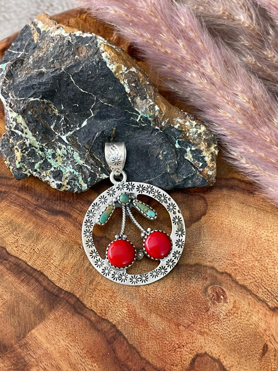 Handmade Sterling Silver Kingman Turquoise with Rosarita Cherry Pendant "Signed Nizhoni"