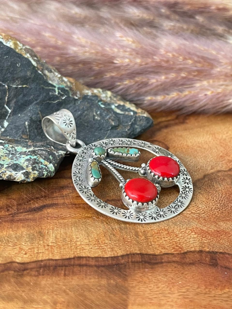 Handmade Sterling Silver Kingman Turquoise with Rosarita Cherry Pendant "Signed Nizhoni"