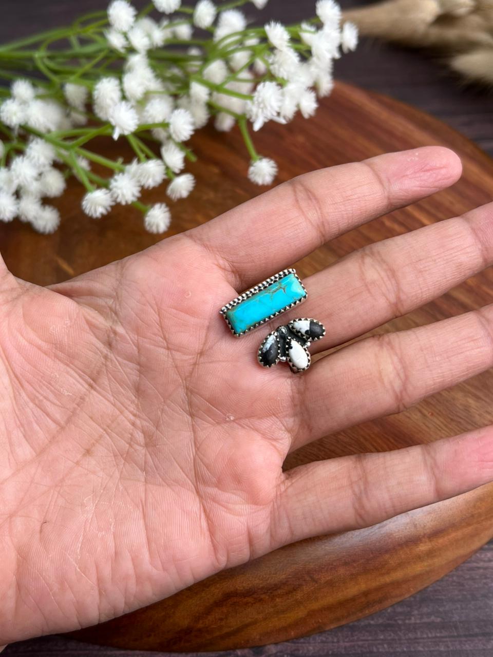 Handmade Sterling Silver Blue Kingman Turquoise with White Buffalo Adjustable Ring "Signed Nizhoni"