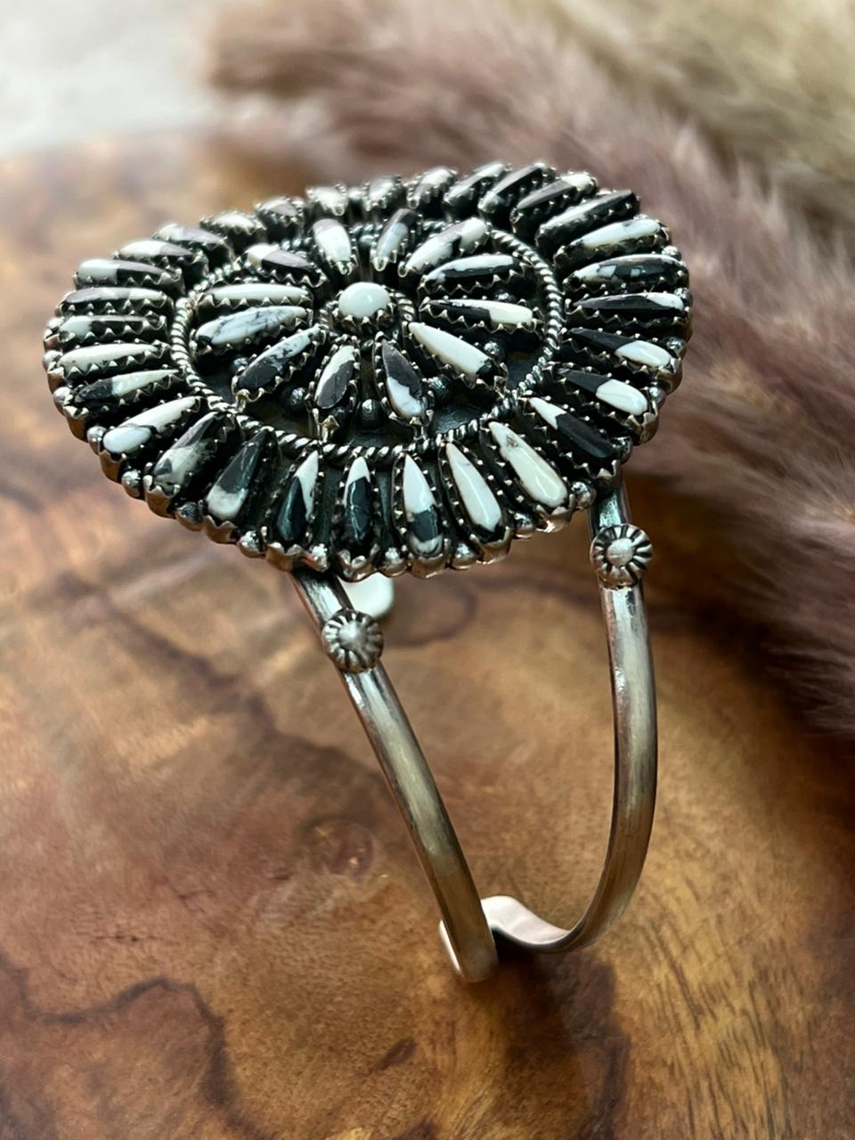 Handmade Sterling Silver White Buffalo Cuff Bracelet "Signed Nizhoni"