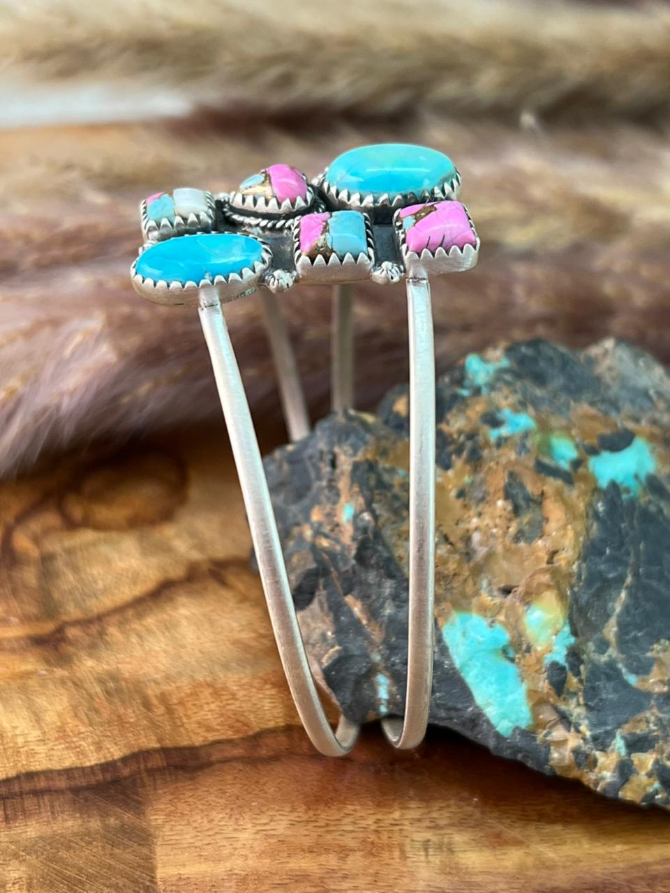 Handmade Sterling Silver Sierra Bella Turquoise with Cotton Candy Collection: Cuff Bracelet "Signed Nizhoni" (6)