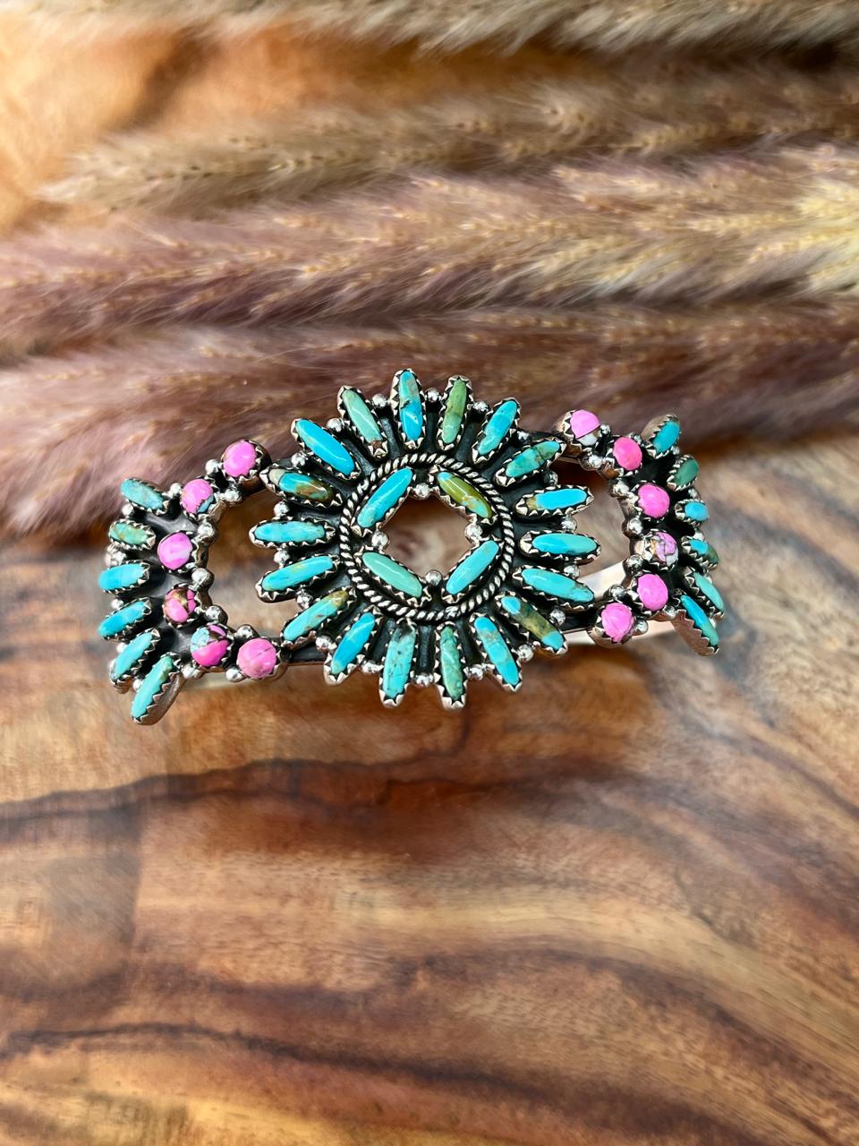 Handmade Sterling Silver Kingman Turquoise with Cotton Candy Cuff Bracelet "Signed Nizhoni"