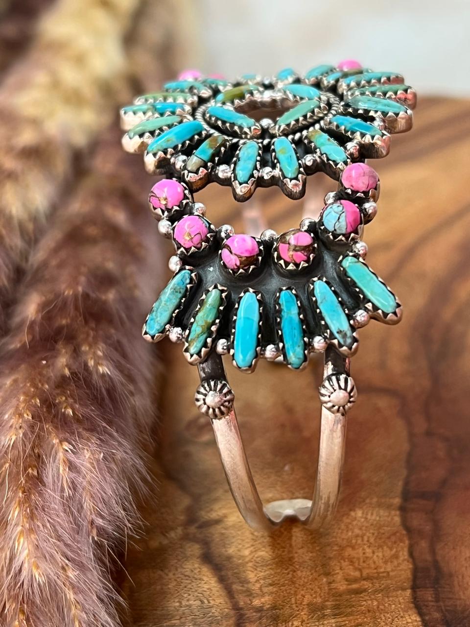 Handmade Sterling Silver Kingman Turquoise with Cotton Candy Cuff Bracelet "Signed Nizhoni"