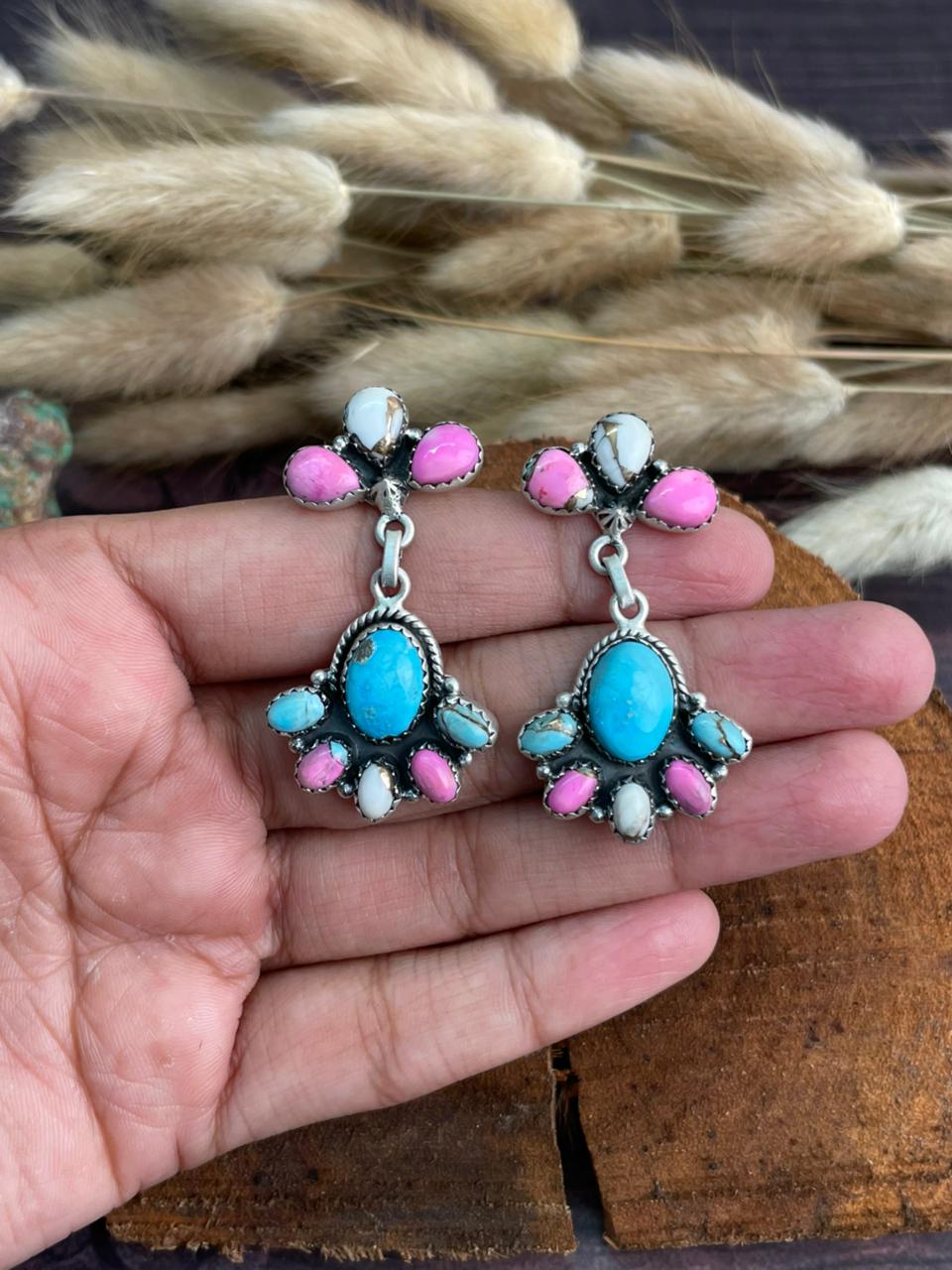 Handmade Sterling Silver Sierra Bella Turquoise with Cotton Candy Collection: Post Dangle Earrings "Signed Nizhoni"