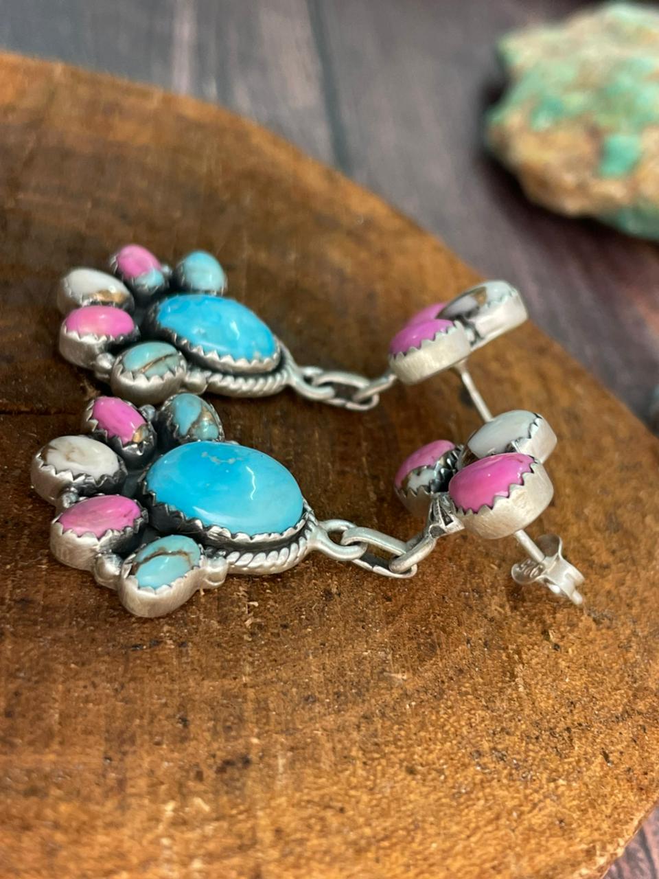 Handmade Sterling Silver Sierra Bella Turquoise with Cotton Candy Collection: Post Dangle Earrings "Signed Nizhoni"
