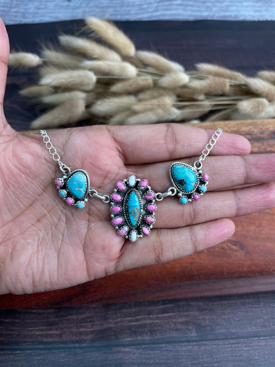 Handmade Sterling Silver Sierra Bella Turquoise with Cotton Candy Collection: Necklace "Signed Nizhoni"