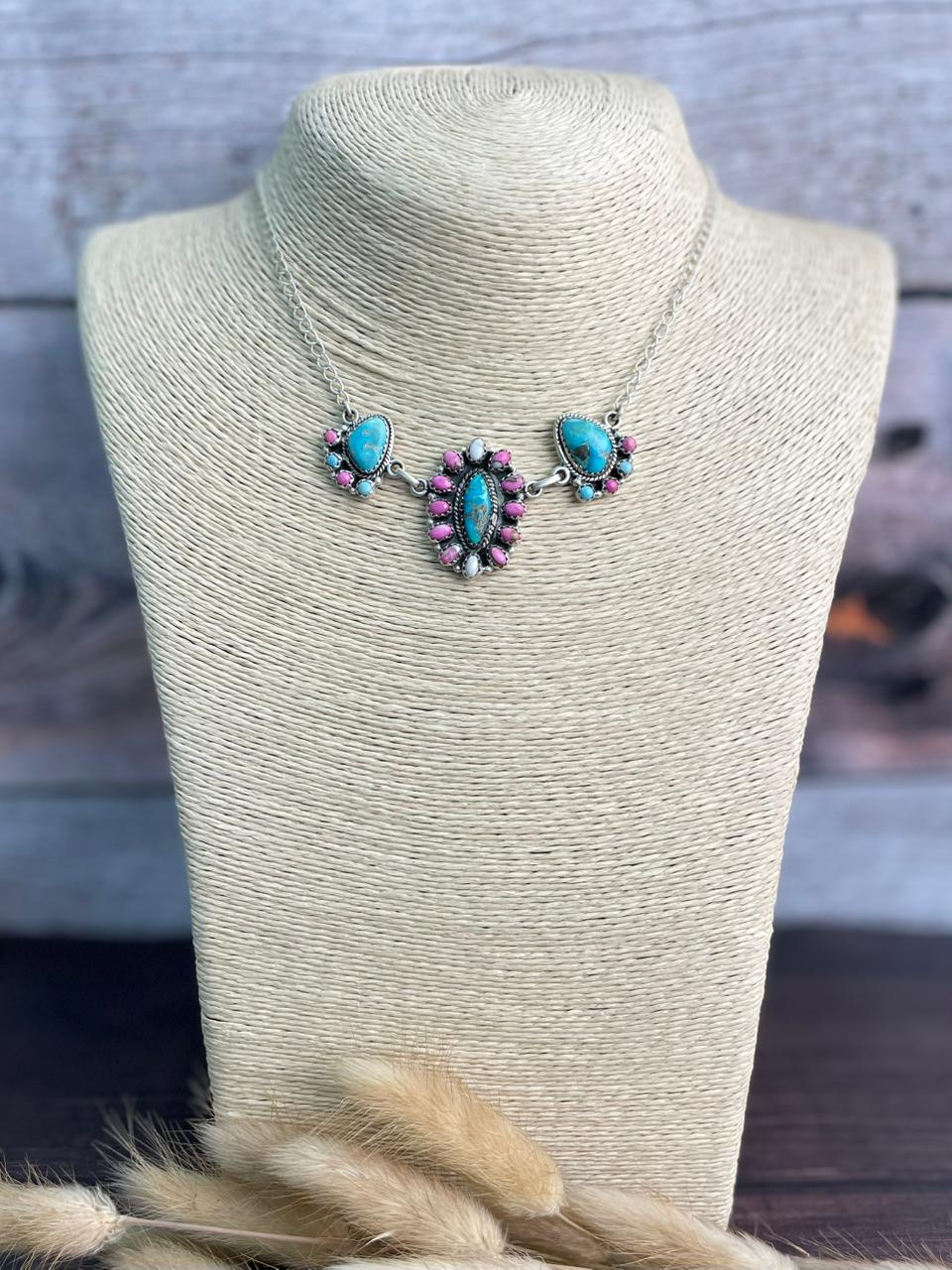 Handmade Sterling Silver Sierra Bella Turquoise with Cotton Candy Collection: Necklace "Signed Nizhoni"