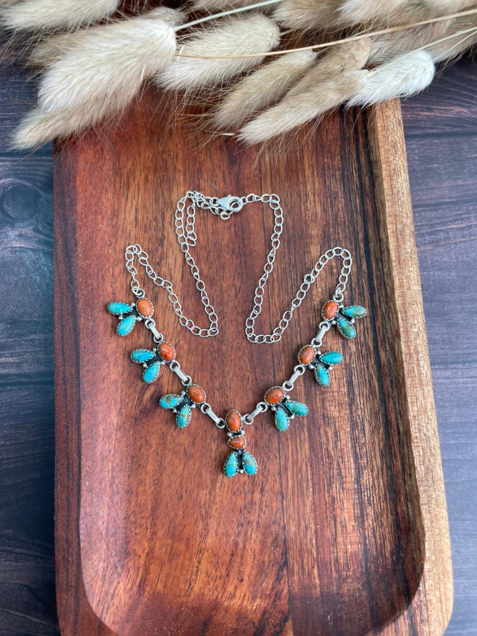 Handmade Sterling Silver Kingman Turquoise with Orange Mojave Necklace "Signed Nizhoni"