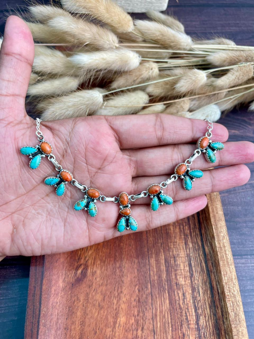 Handmade Sterling Silver Kingman Turquoise with Orange Mojave Necklace "Signed Nizhoni"