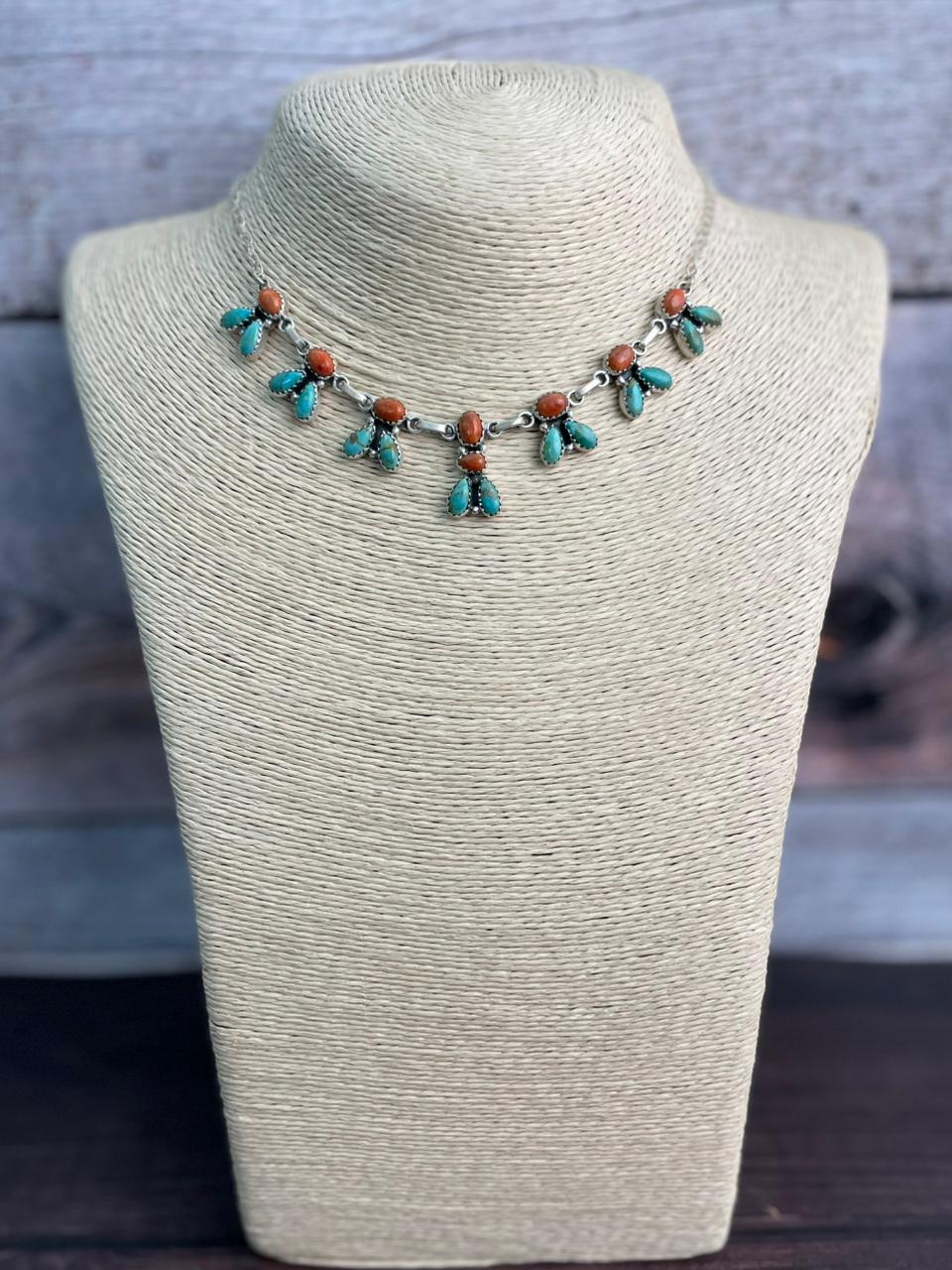 Handmade Sterling Silver Kingman Turquoise with Orange Mojave Necklace "Signed Nizhoni"