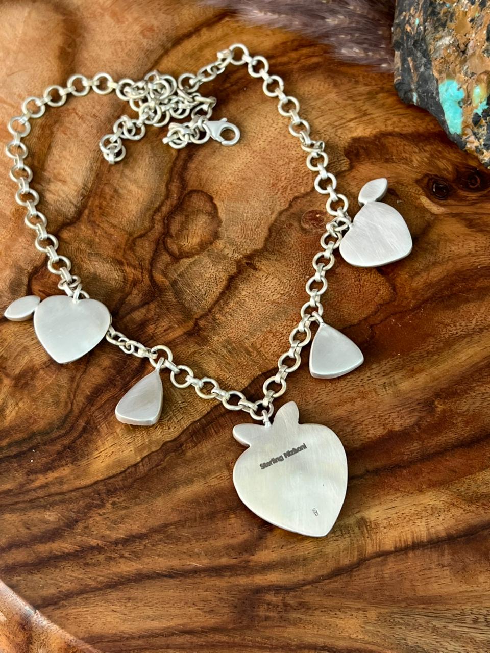 Handmade Sterling Silver Kingman with Sonoran Mountain Turquoise and Rosarita Cherry Necklace "Signed Nizhoni"