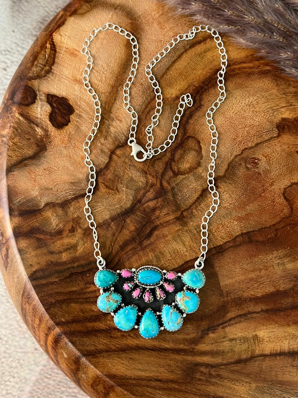 Handmade Sterling Silver Sierra Bella Turquoise with Cotton Candy Collection: Necklace "Signed Nizhoni"