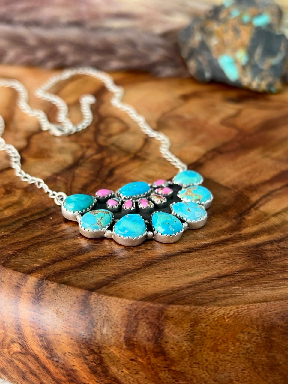 Handmade Sterling Silver Sierra Bella Turquoise with Cotton Candy Collection: Necklace "Signed Nizhoni"