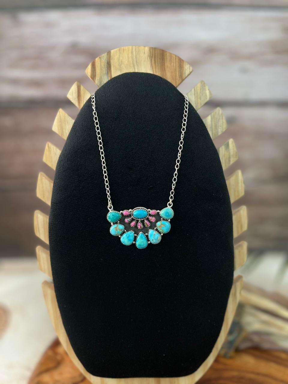 Handmade Sterling Silver Sierra Bella Turquoise with Cotton Candy Collection: Necklace "Signed Nizhoni"