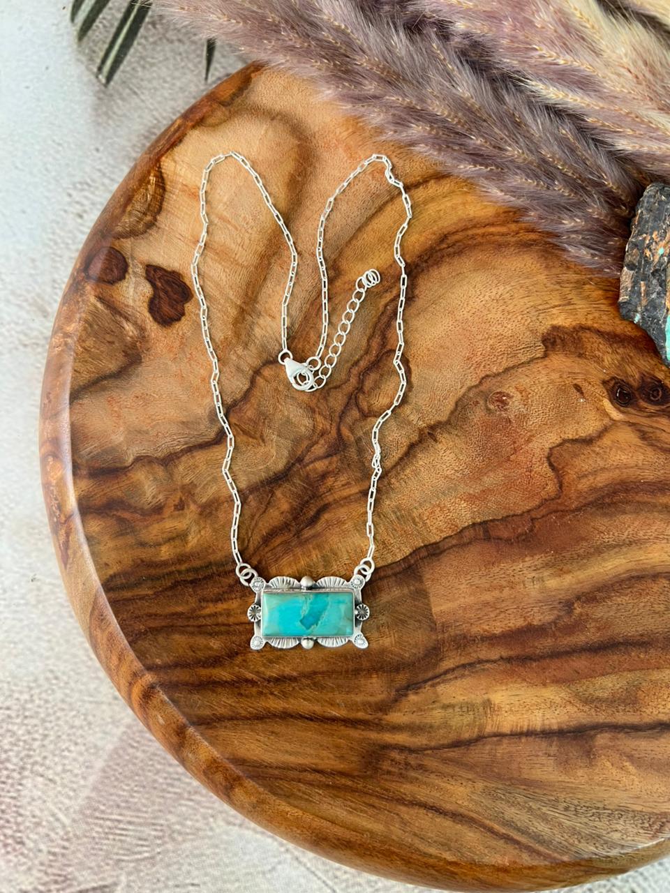 Handmade Sterling Silver Kingman Turquoise Bar Necklace "Signed Nizhoni"
