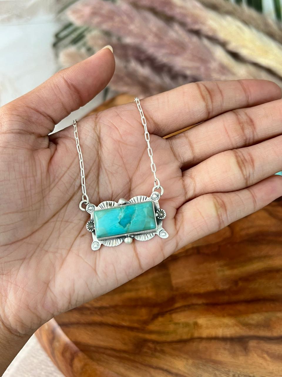 Handmade Sterling Silver Kingman Turquoise Bar Necklace "Signed Nizhoni"
