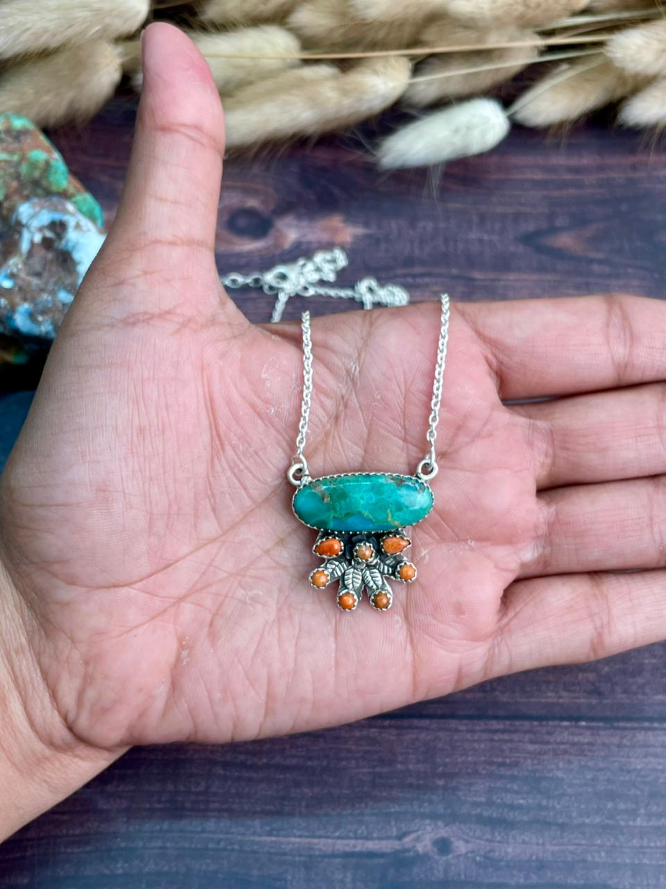 Handmade Sterling Silver Kingman Turquoise with Orange Mojave Necklace "Signed Nizhoni"