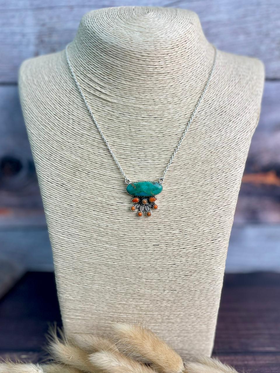 Handmade Sterling Silver Kingman Turquoise with Orange Mojave Necklace "Signed Nizhoni"
