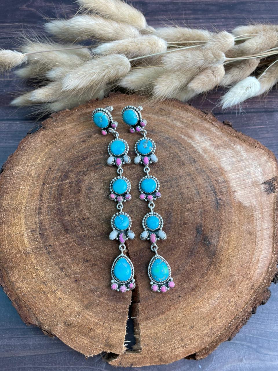 Handmade Sterling Silver Sierra Bella Turquoise with Cotton Candy Collection: Post Dangle Earrings "Signed Nizhoni" (3)