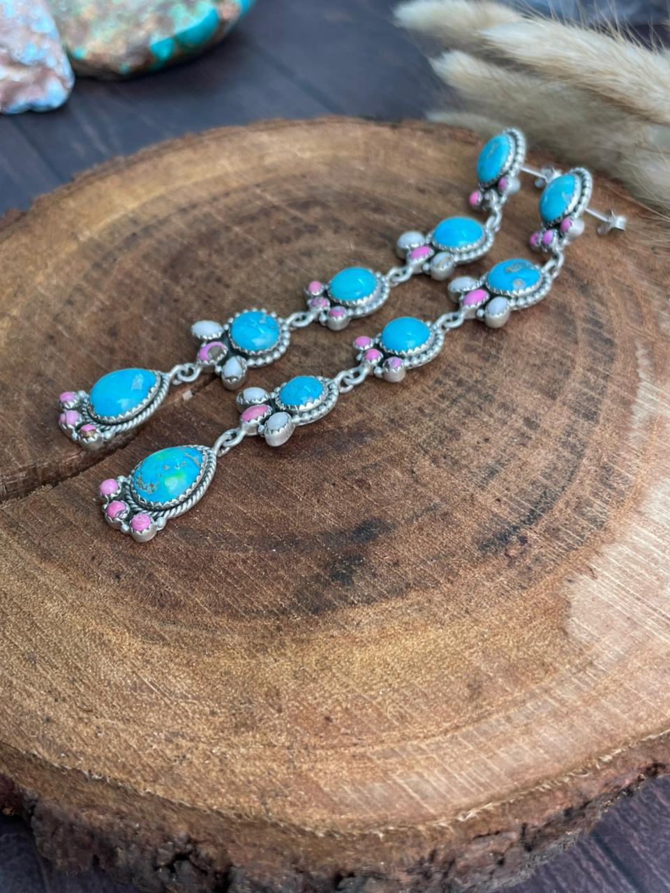 Handmade Sterling Silver Sierra Bella Turquoise with Cotton Candy Collection: Post Dangle Earrings "Signed Nizhoni" (3)