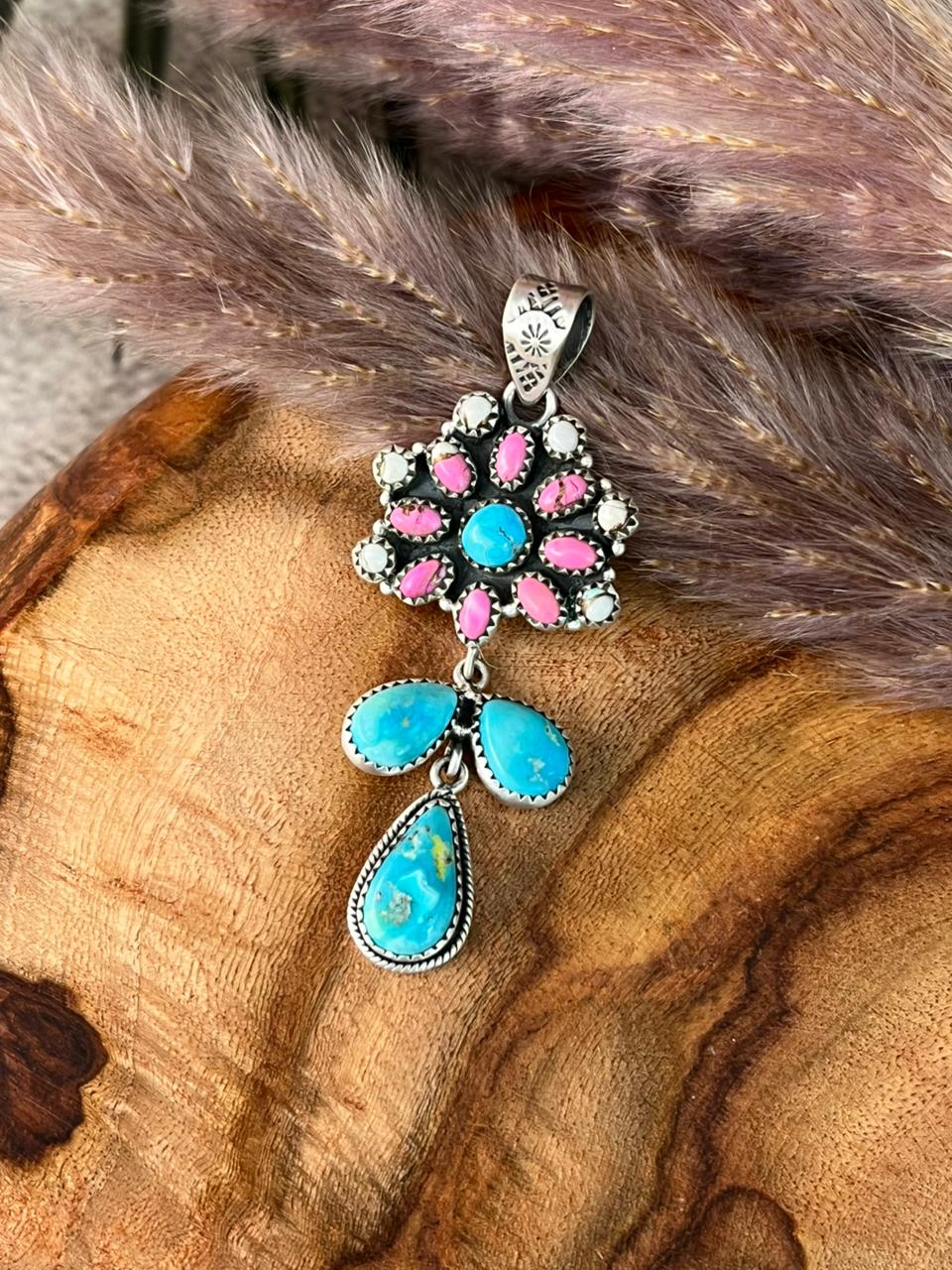 Handmade Sterling Silver Sierra Bella Turquoise with Cotton Candy Collection: Pendant "Signed Nizhoni"