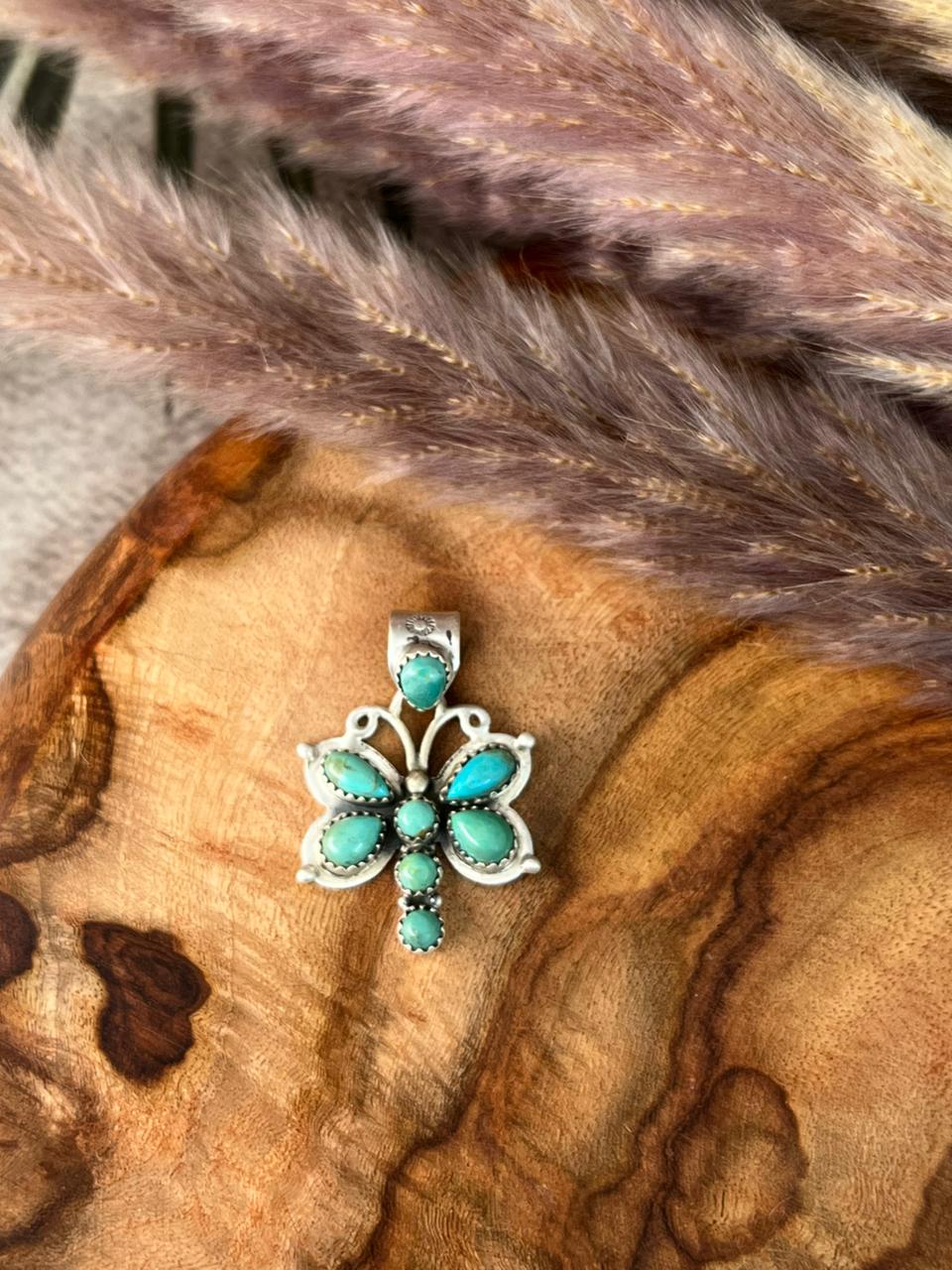Handmade Sterling Silver Kingman Turquoise Butterfly Pendant "Signed Nizhoni"