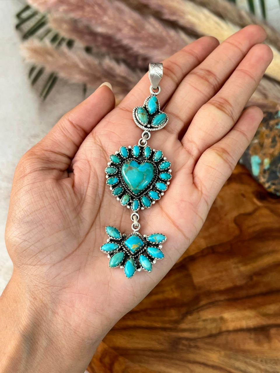 Handmade Sterling Silver Kingman Turquoise Heart Pendant "Signed Nizhoni"