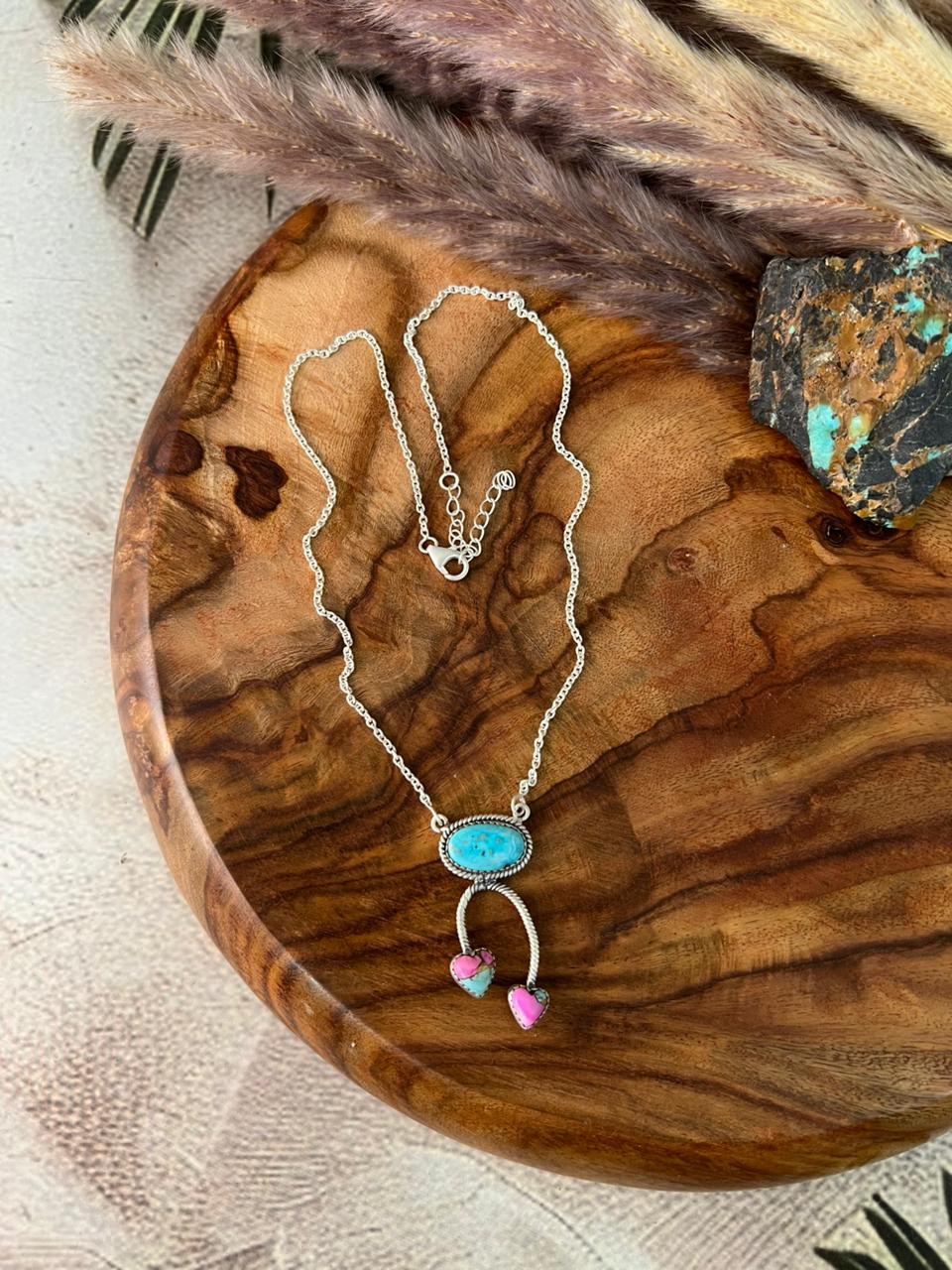 Handmade Sterling Silver Sierra Bella Turquoise with Cotton Candy Collection: Necklace "Signed Nizhoni"