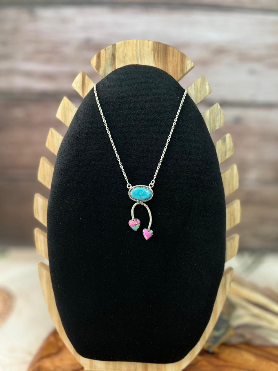 Handmade Sterling Silver Sierra Bella Turquoise with Cotton Candy Collection: Necklace "Signed Nizhoni"