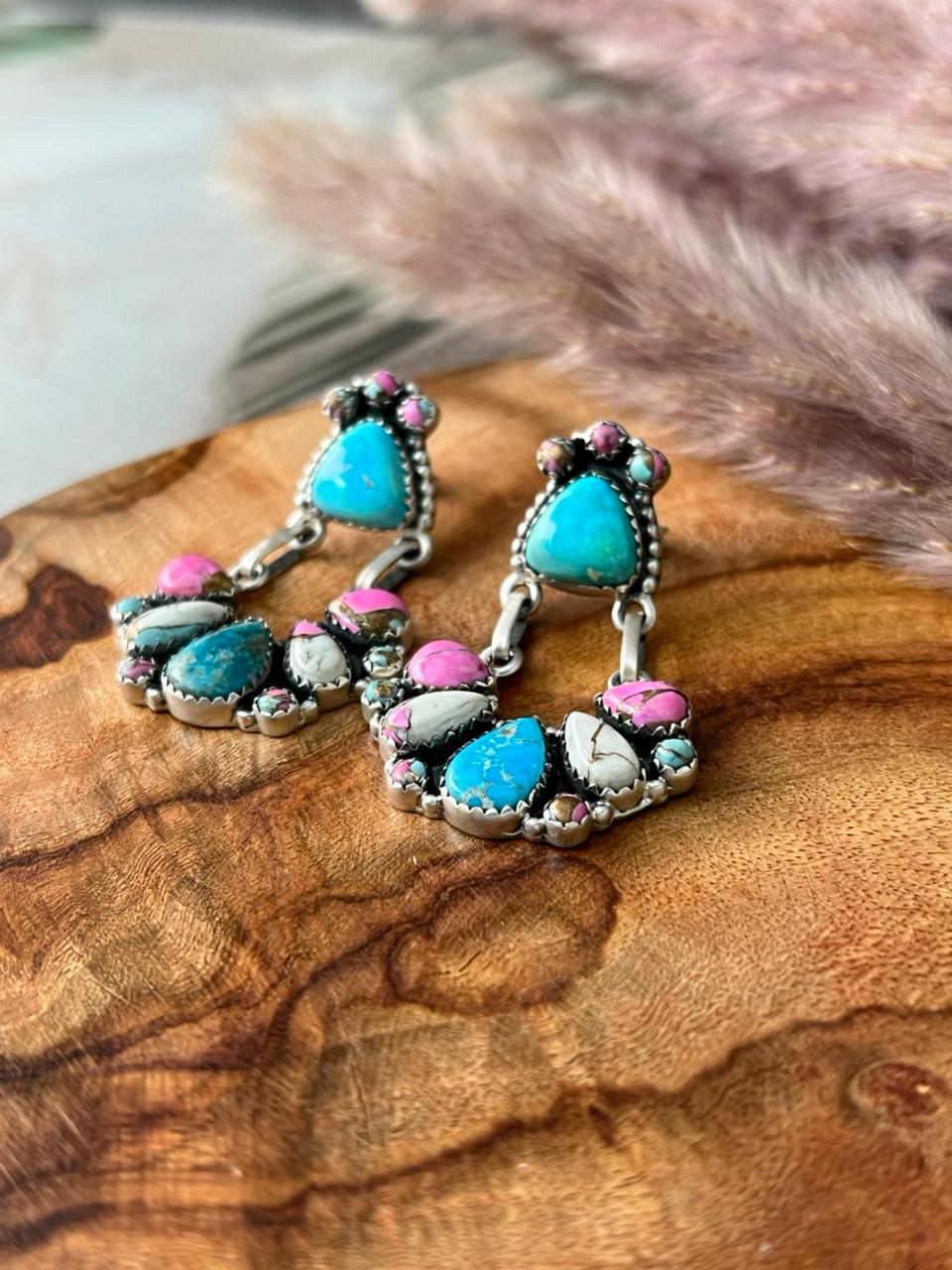 Handmade Sterling Silver Sierra Bella Turquoise with Cotton Candy Collection: Post Dangle Earrings "Signed Nizhoni"