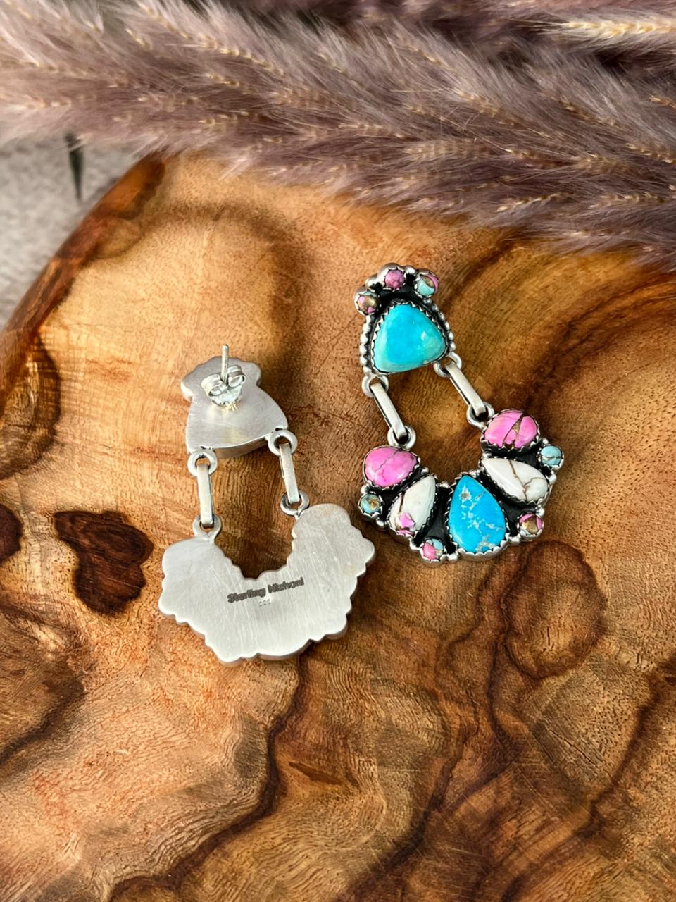 Handmade Sterling Silver Sierra Bella Turquoise with Cotton Candy Collection: Post Dangle Earrings "Signed Nizhoni"