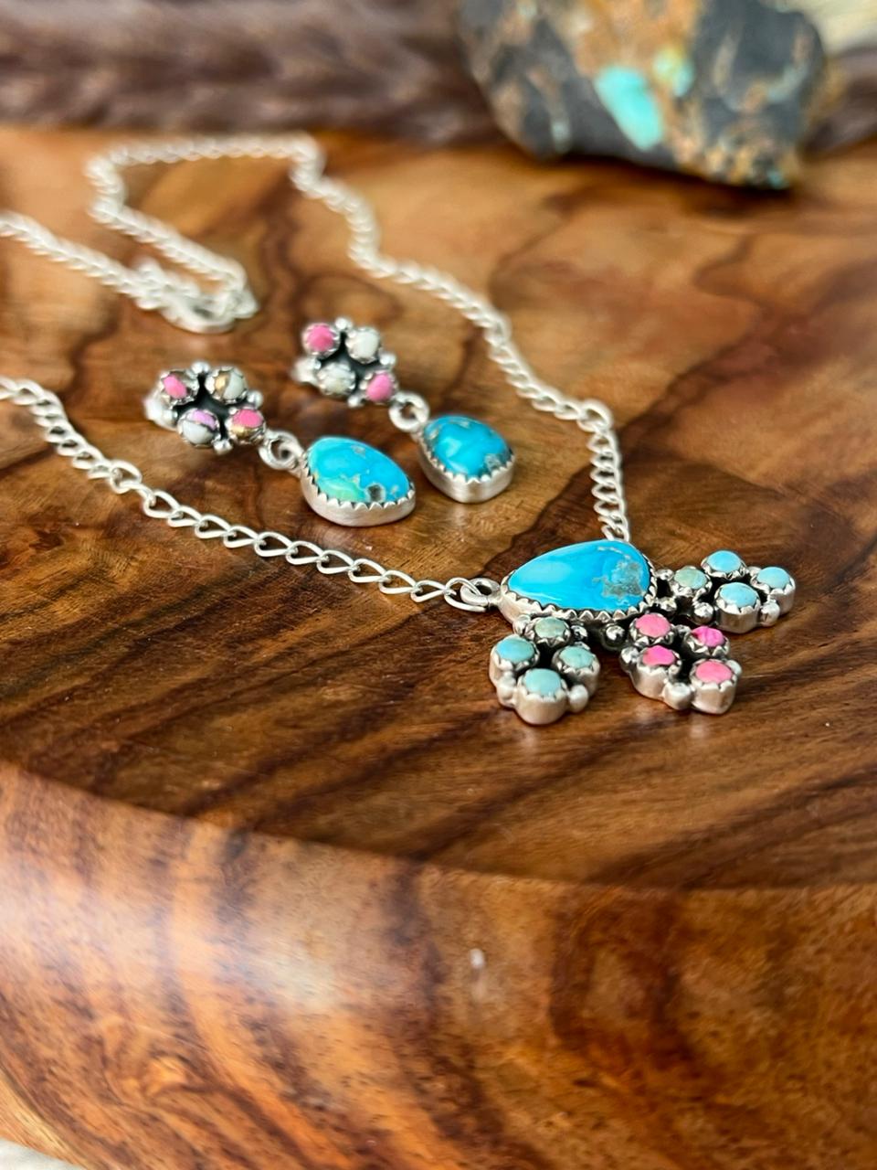 Handmade Sterling Silver Sierra Bella Turquoise with Cotton Candy Collection: Necklace Earrings Set "Signed Nizhoni"